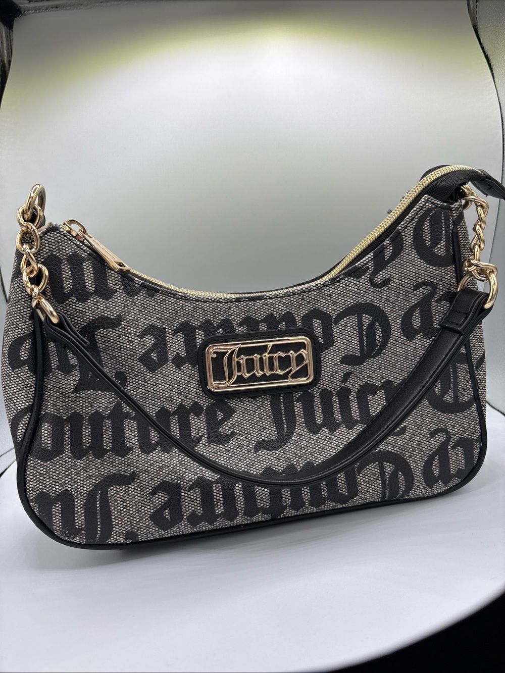 Juicy Couture Black and Gray Logo Jacquard Shoulder Bag with Gold Hardware